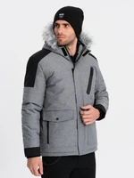 Ombre Men's winter jacket with adjustable hood with detachable fur - grey and black Ombre Men's winter jacket with adjustable hood with detachable fur - grey and black