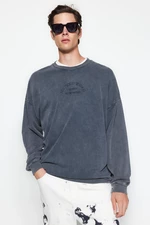 Trendyol Anthracite Men's Oversize/Wide-Collar Weared/Faded-effect text and Embroidery Cotton Sweatshirt.