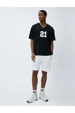 Koton College Print V-Neck Oversize T-Shirts with Pile Short Sleeves.