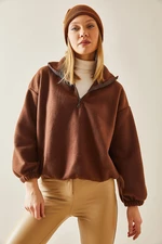 XHAN Brown Zippered High Collar Fleece Sweatshirt