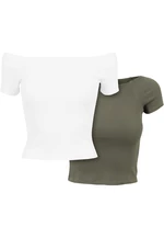 Women's T-Shirt Off Shoulder Rib Tee 2-Pack White+Olive