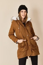 HAKKE Women's Snap-Up Hooded Fur Coat with Chest Pocket