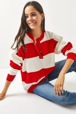 Olalook Women's Red Buttons Striped Oversized Knitwear Sweater