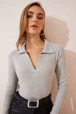 Happiness İstanbul Women's Gray Melange Polo Neck Corduroy Knitted Blouse