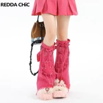 ReddaChic Y2k Vintage Bandage Belt Denim Leg Warmers Pink Cross Spliced Women's Gaiter Bootcut Footless Socks Dopamine Clothes