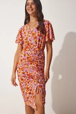Happiness İstanbul Women's Orange Floral Wrapped Collar Summer Dress