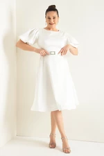 Lafaba Women's White Balloon Sleeve Stone Belted Plus Size Satin Evening Dress