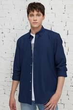 ALTINYILDIZ CLASSICS Men's Navy Blue Easy-to-Iron Slim Fit Slim Fit Shirt with Button Collar See-through Patterned Shirt.