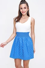 By Saygı Blue Elastic Waist Patterned Burnt Skirt