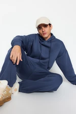 Trendyol Pale Indigo Men's Oversize Basic Hoodie with Elastic Legs Basic Fleece Interior Tracksuit Set.