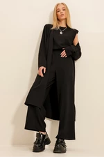 Trend Alaçatı Stili Women's Black Shoulder Padded Crew Neck Blouse With Pants And Cardigan Set Suit