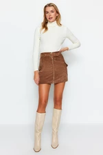 Trendyol Brown Belted Zipper Pocket Detail Velvet Mini Woven Skirt