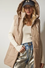 Happiness İstanbul Women's Beige Hooded Oversized Inflatable Vest