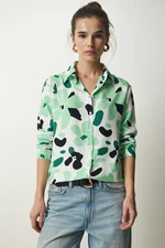 Happiness İstanbul Women's White Green Patterned Viscose Woven Shirt