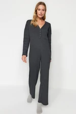 Trendyol Anthracite Pocket and Button Detailed Ribbed Cotton Knitted Jumpsuit