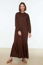Trendyol Brown Crew Neck Skirt With Ruffles Knitted Dress