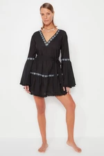 Trendyol Black Belted Mini Weave and Ruffled 100% Cotton Beach Dress