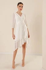 By Saygı Double Breasted Neck Skirt Flounce Waist Belted Lined Balloon Sleeve Wide Body Interval Chiffon Dress Ecru
