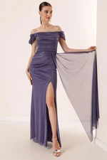 By Saygı Pleats in the Front and Lined Glittery Long Dress Dark Indigo