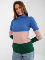 Basic dark blue and green blouse with ribbed turtleneck