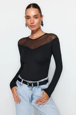Trendyol Black Slim Snap Buttons Tulle Detailed Sweetheart Collar Ribbed Flexible Knitted Body