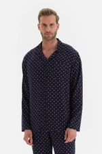 Dagi Navy Blue Shirt Collar Size Printed Viscose Pajama Top