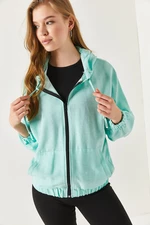 armonika Women's Light Green Hooded Zippered Oversize Sweatshirt