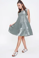 By Saygı Women's Mint Green With Ruffle Stones Satin Sleeveless Dress