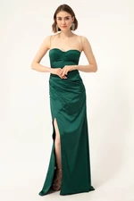 Lafaba Women's Emerald Green Long Satin Evening Dress with Stone Straps and a Slit