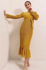 By Saygı Mustard Pleated Long Chiffon Dress With Frilled Skirt.