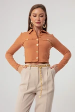 Lafaba Women's Short Knitted Blouse with Tile Buttons