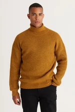 AC&Co / Altınyıldız Classics Men's Mustard Oversize Loose Fit Full Turtleneck Patterned Rayon Soft Textured Knitwear Sweater