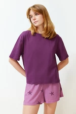 Trendyol Plum 100% Cotton Star Patterned Knitted Pajamas Set