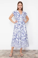 Trendyol Blue Floral Patterned Belted V-Neck Midi 100% Cotton Woven Dress