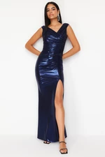 Trendyol Navy Blue Shiny Metallic Printed Elegant Evening Dress