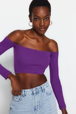 Trendyol Purple Fitted/Situated Super Crop Carmen Collar Corduroy Stretch Knitted Blouse