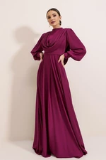 By Saygı Flowy Front Sleeves Button Detailed Lined Long Satin Dress Fuchsia