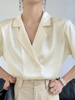 Solid Satin Half Sleeve Lapel Blouse For Women