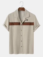 Mens Corduroy Tribal Border Line Embroidered Buttons Up Short Sleeve Shirts