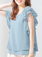Solid Layered Ruffle Round Neck Casual Blouse