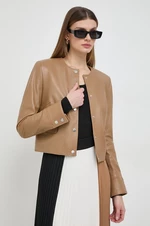 Kožená bunda BOSS dámská, béžová barva, přechodná, 50505500