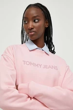 Bavlněná mikina Tommy Jeans dámská, růžová barva, s potiskem, DW0DW17327