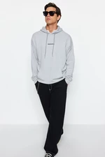 Trendyol Gray Men's Oversize/Wide Cut Hooded Minimal Text Printed Cotton Sweatshirt
