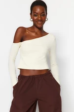 Trendyol Stone One-Shoulder Cotton Knitted Blouse with an Stretchy Fitted/Simple Crop