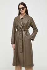 Kožený kabát BOSS dámský, hnědá barva, přechodný, 50505512