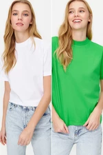 Trendyol Green-White 2 Pack Basic Stand Collar Knitted T-Shirt