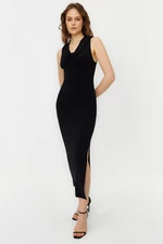 Trendyol Black Hooded Slit Detail Bodycone/Fitted Stretchy Knitted Midi Pencil Dress