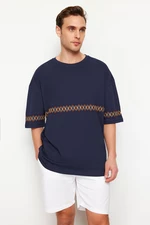 Trendyol Navy Blue Oversize/Wide-Fit Embroidered 100% Cotton T-Shirt