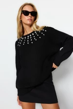 Trendyol Black Soft Textured Stone Detailed Knitwear Sweater