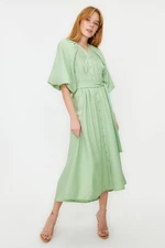 Trendyol Light Green Belted Half Balloon Sleeve Linen Look Woven Shirt Dress